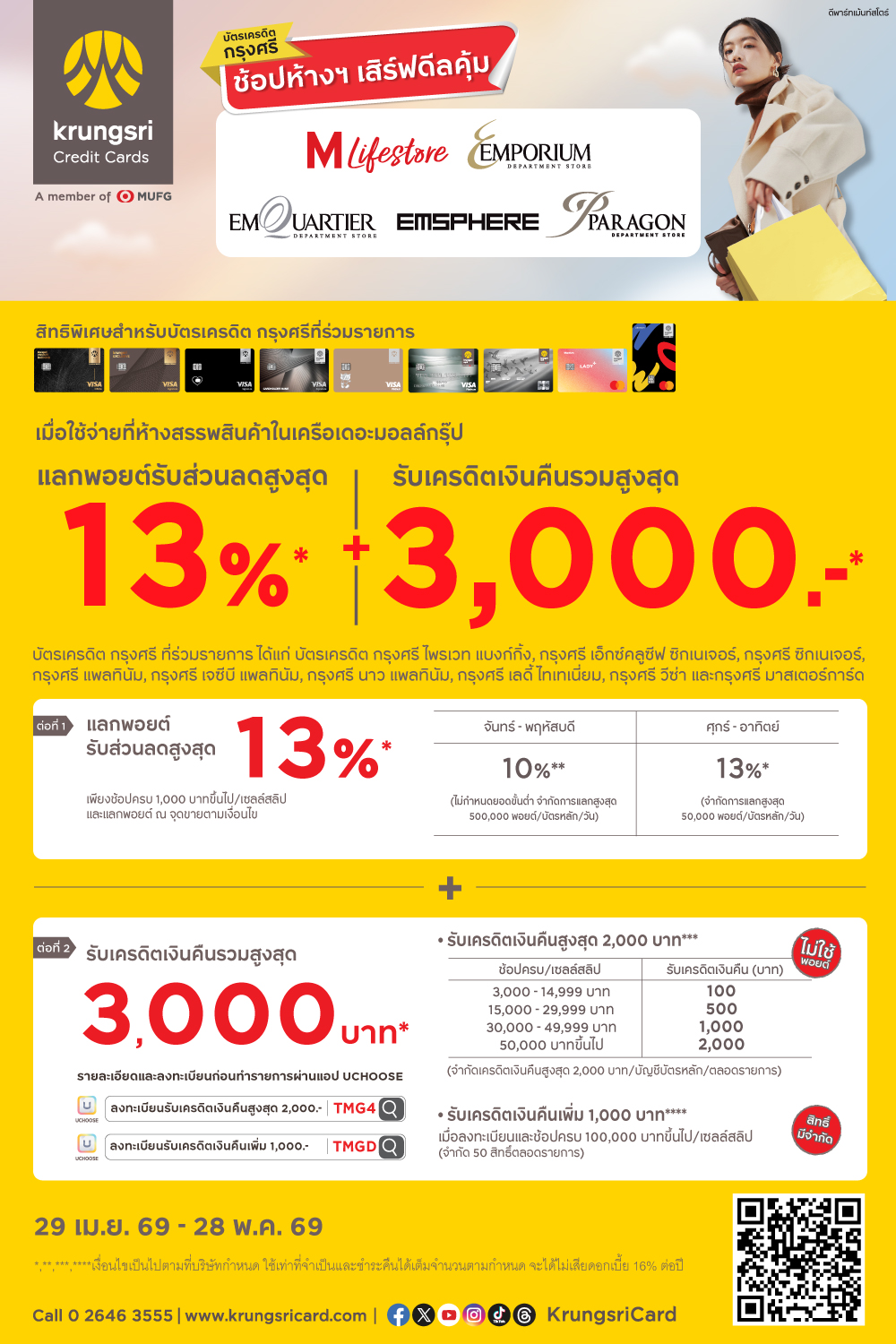 KCC แลกรับส่วนลดเพิ่มสูงสุด 13% และรับเครดิตเงินคืนรวมสูงสุด 3,000 บาท