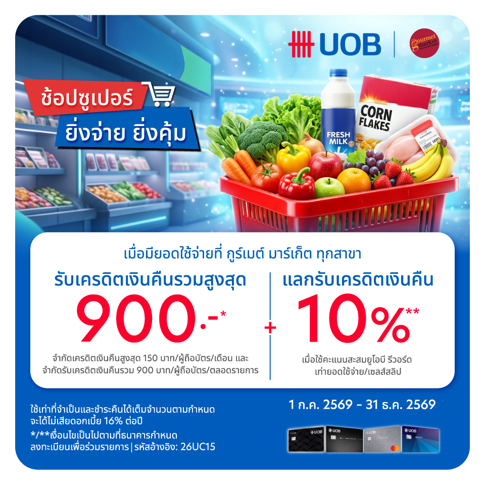 บัตรเครดิต UOB รับเครดิตเงินคืนรวมสูงสุด 900 บาท และแลกรับเครดิตเงินคืน 10%
