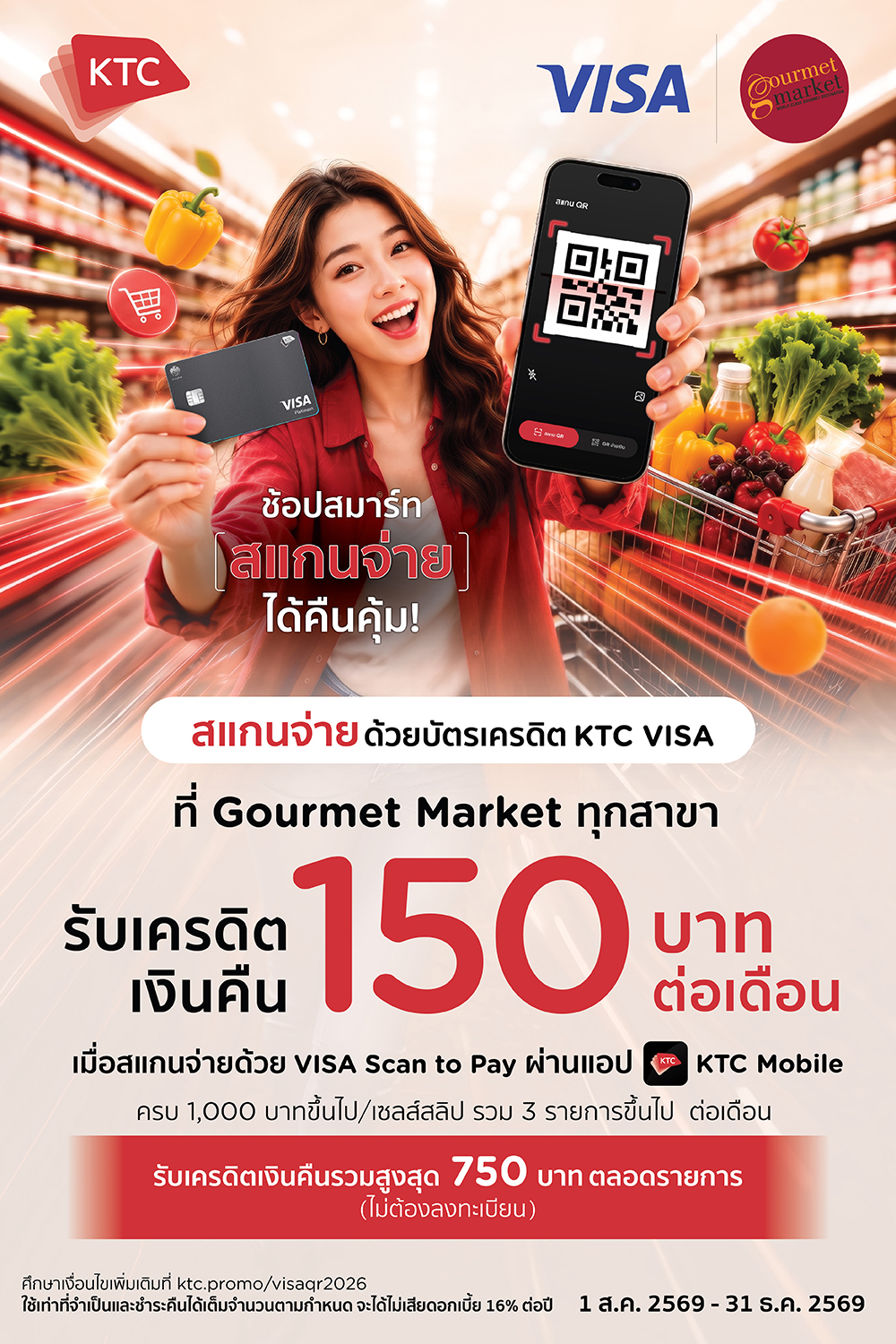 บัตรเครดิต KTC Visa รับเครดิตเงินคืนรวมสูงสุด 750 บาท 2026